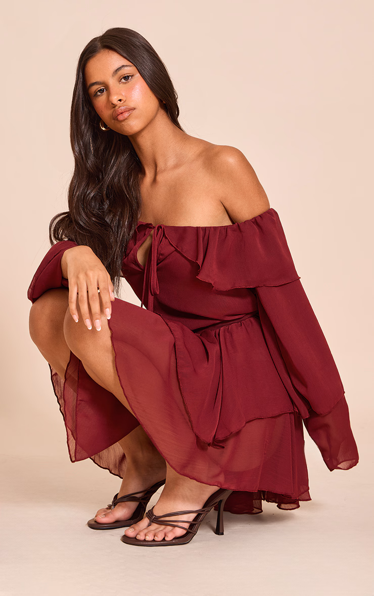 Petite Wine Chiffon Frill Detail Mini Dress