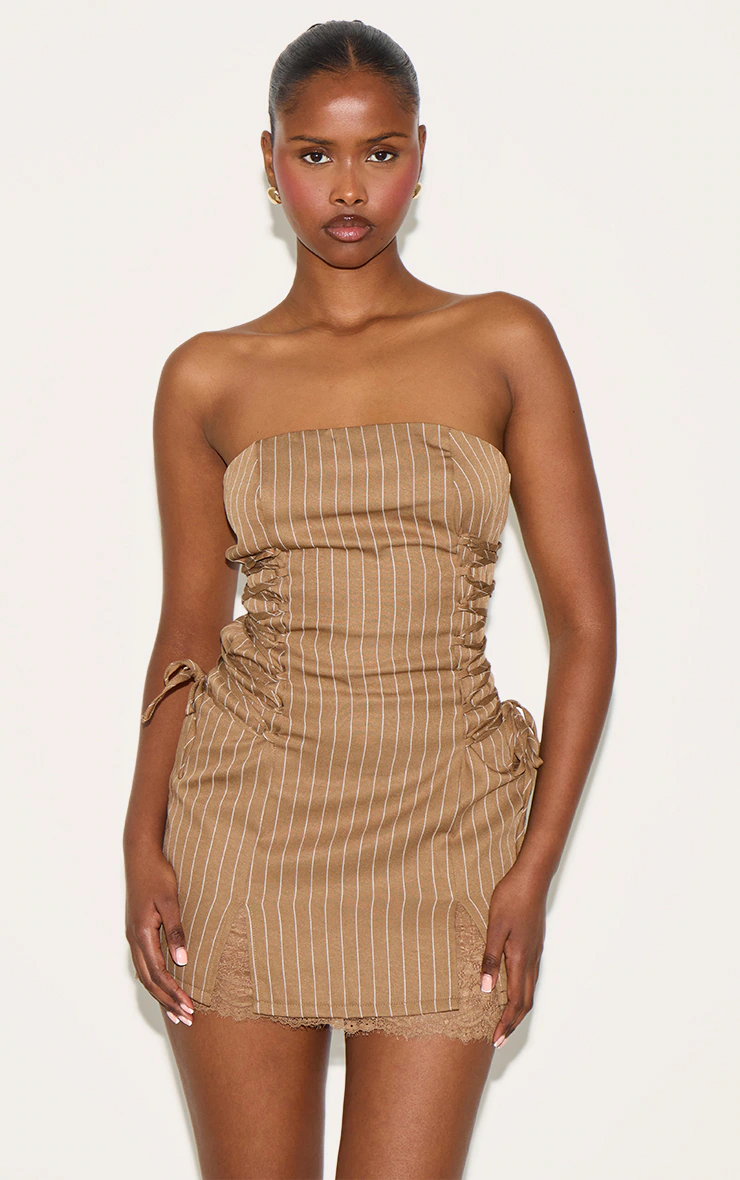 Chocolate Pinstripe Bandeau Lace Trim Shift Dress