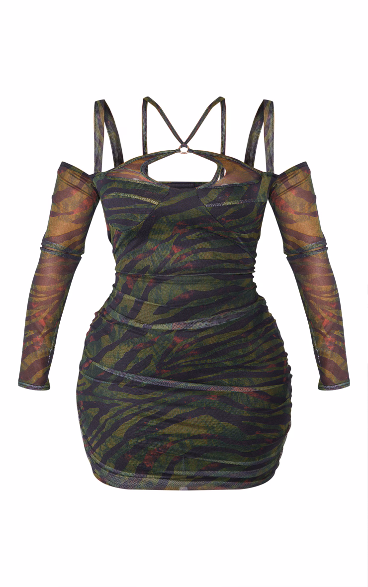 Shape Green Tiger Print Mesh Ring Halterneck Ruched Bodycon Dress