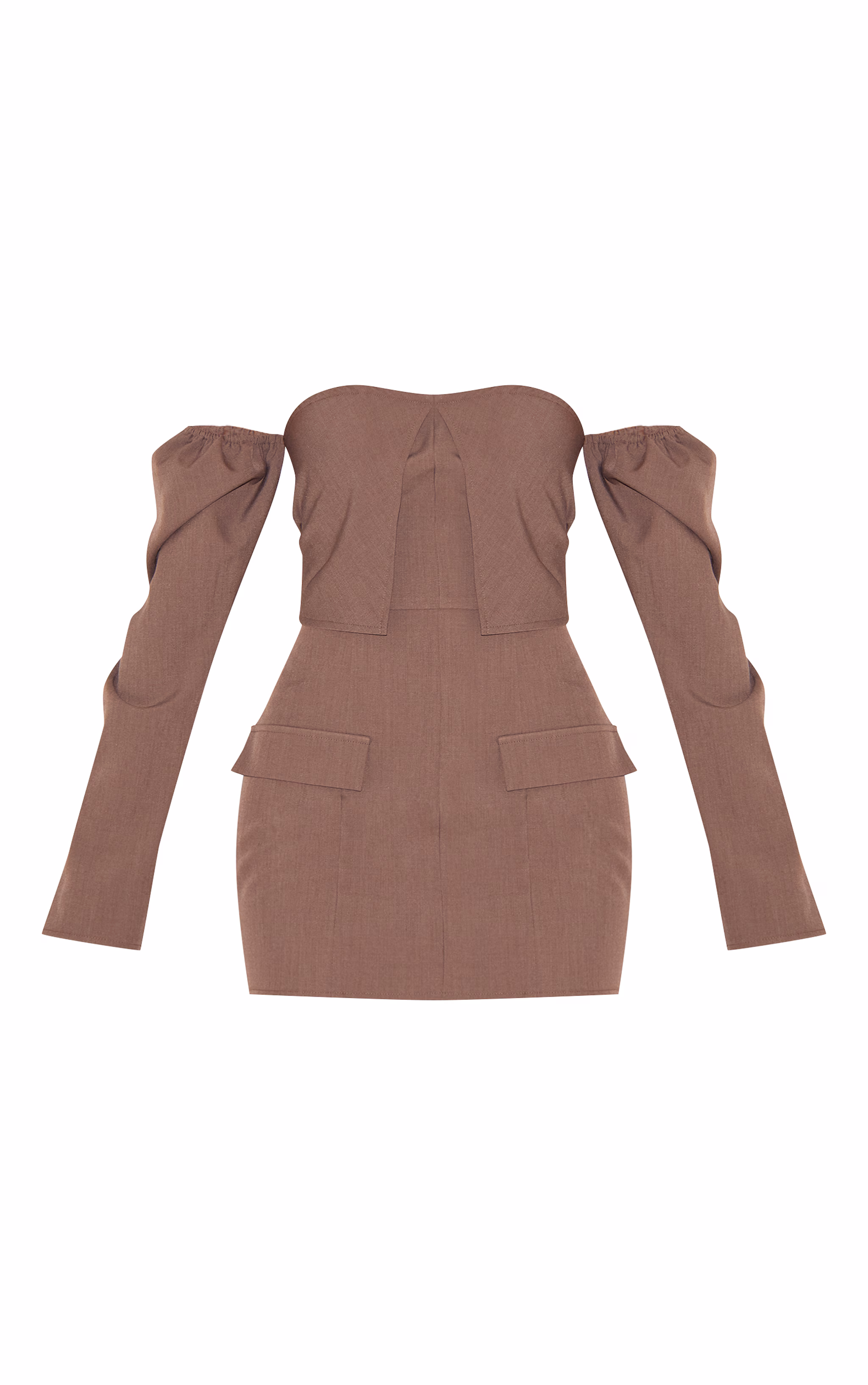 Mushroom Woven Tailored Long Sleeve Bardot Pocket Detail Mini Dress