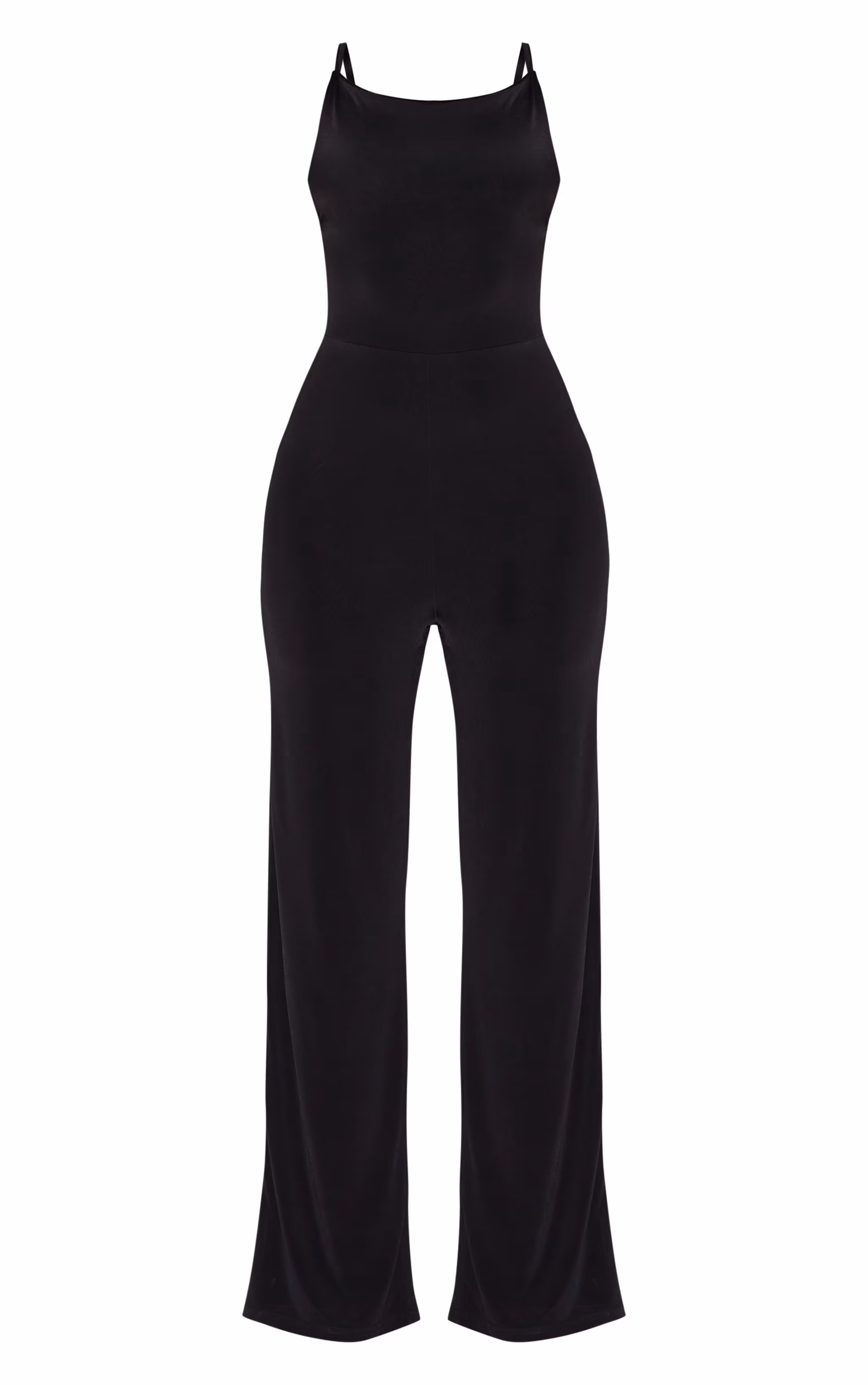 Black Double Layer Slinky Low Back Strappy Wide Leg Jumpsuit