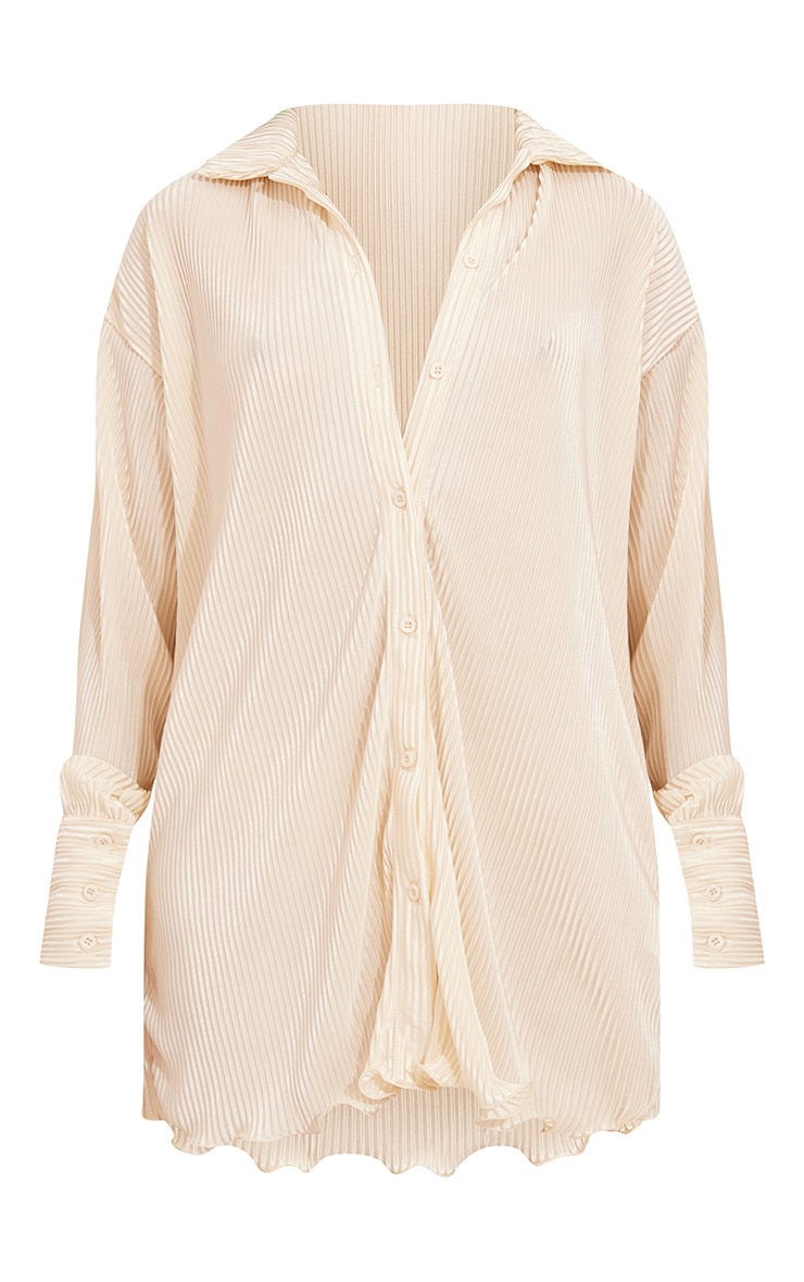 Cream Plisse Frill Hem Shirt Dress