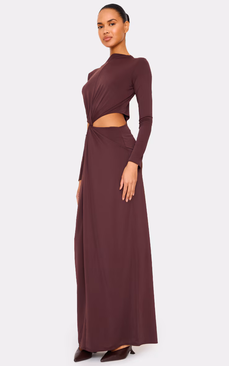 Chocolate Matte Sculpt Cut Out Twist Long Sleeve Maxi Dress