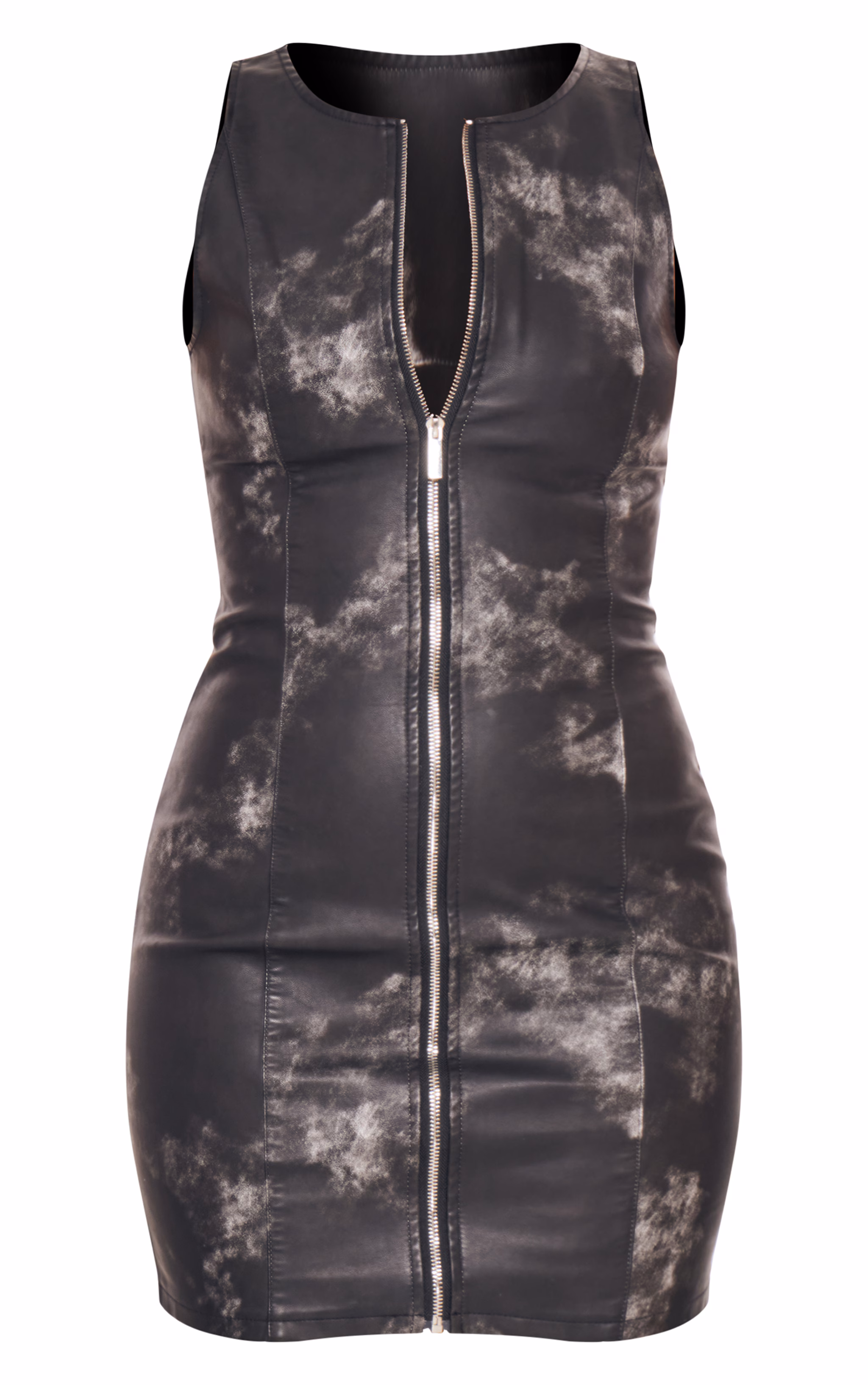 Tall Washed Black Faux Leather Zip Up Mini Dress
