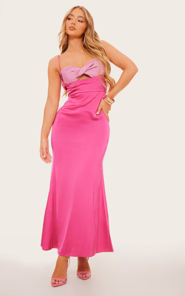 Dark Pink Satin Contrast Front Twist Cup Midaxi Dress