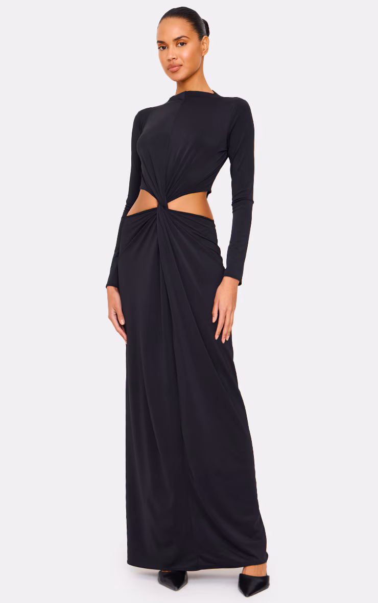 Black Matte Sculpt Cut Out Twist Long Sleeve Maxi Dress