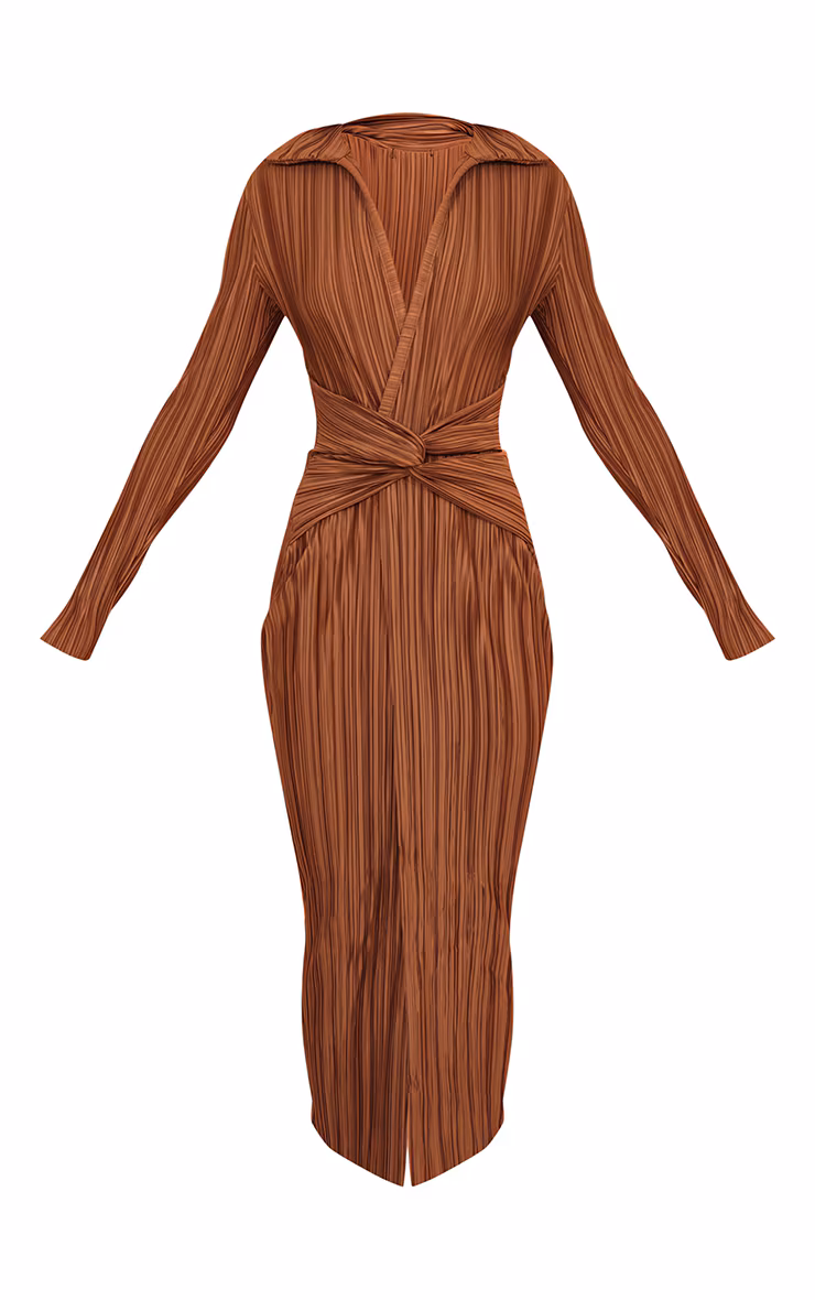 Chocolate Plisse Collar Detail Twist Midaxi Dress