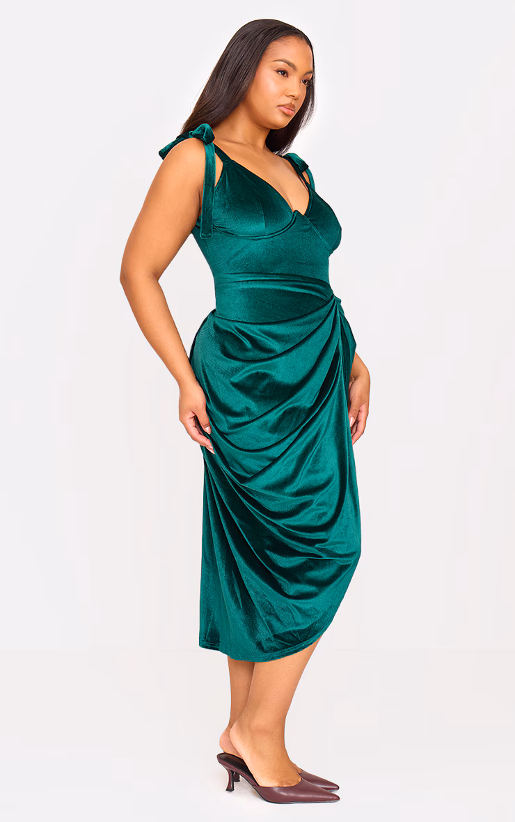 Plus Emerald Green Underwire Detail Velvet Draped Midi Dress
