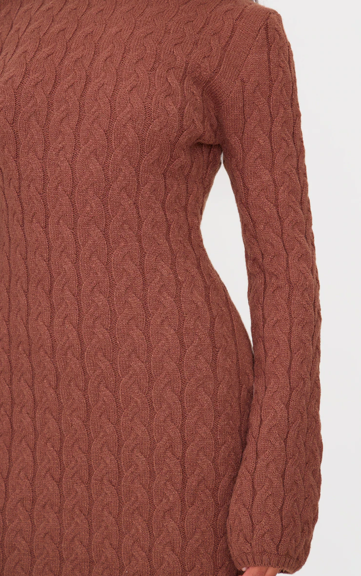 Cappuccino Chunky Cable Knit Roll Neck Maxi Sweater Dress