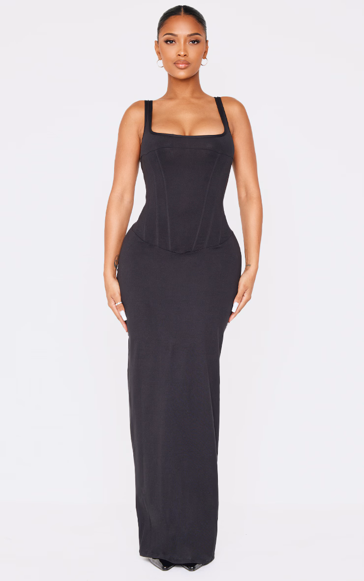 Shape Black Sculpt Square Neck Corseted Maxi Dress.