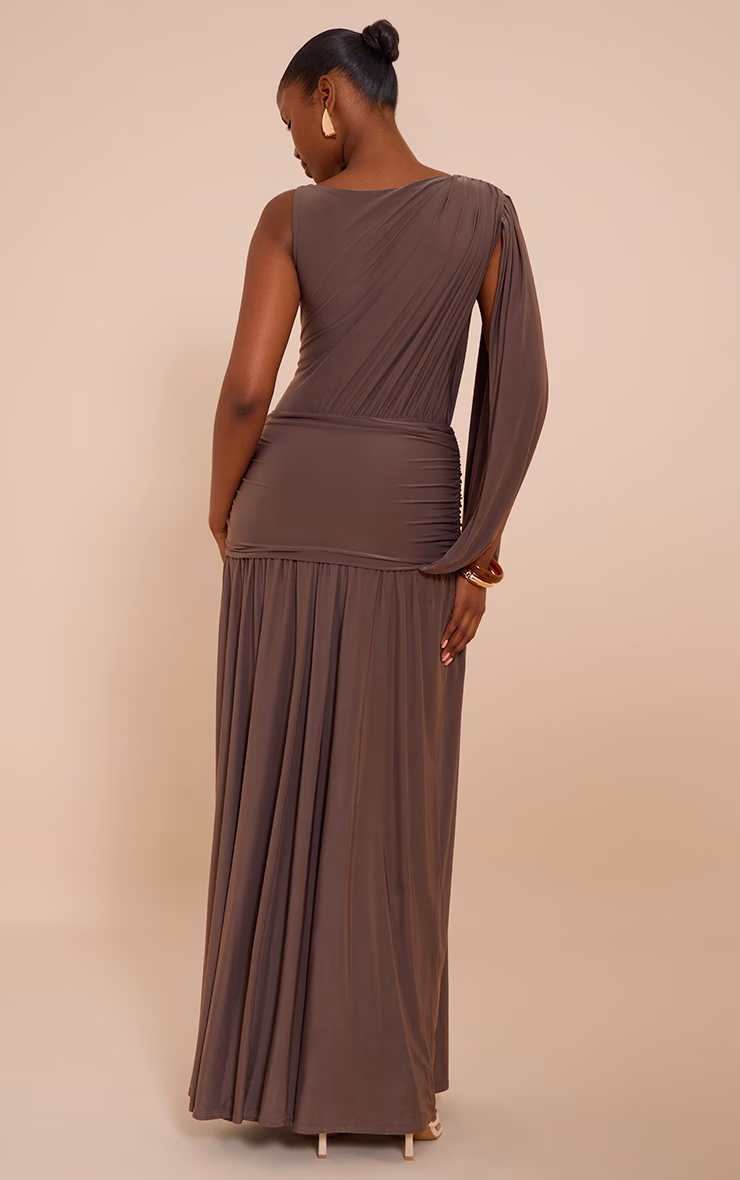 Mushroom Double Layer Slinky Ruched One Shoulder Maxi Dress