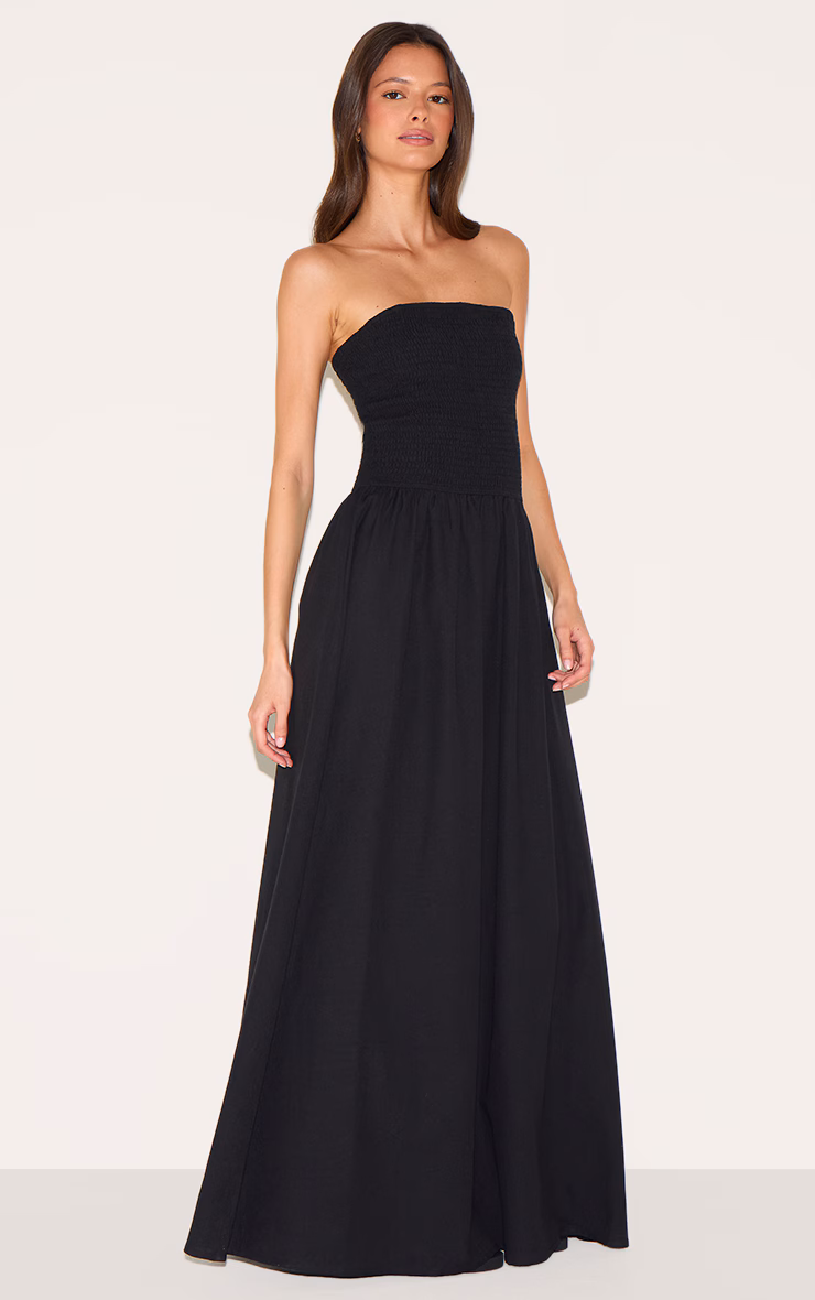Black Bandeau Shirred Detail Maxi Dress