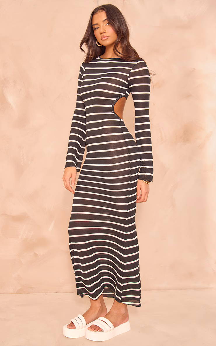Monochrome Stripe Flare Sleeve Cut Out Back Maxi Dress