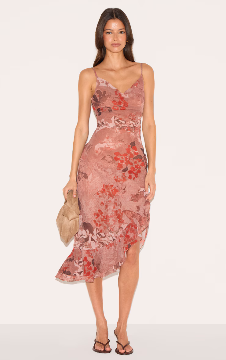 Mushroom Chiffon Floral Cowl Neck Midi Dress