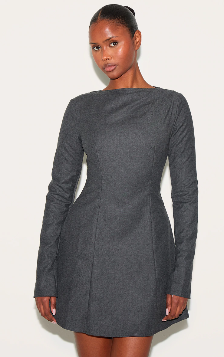 Grey Structured Woven Boat Neck Shift Dress