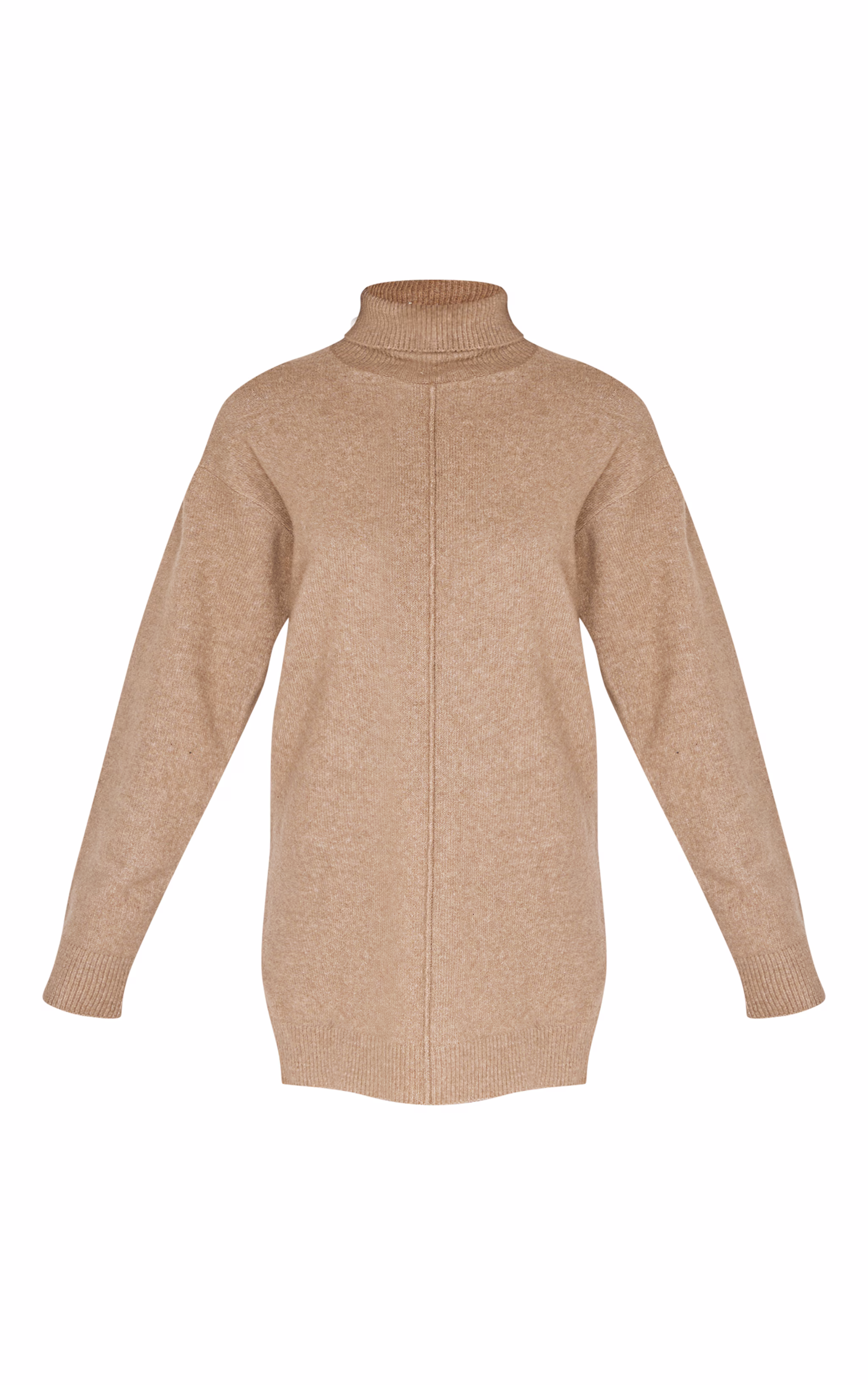 Light Mocha Soft Knit Roll Neck Oversized Seam Detail Sweater Dress