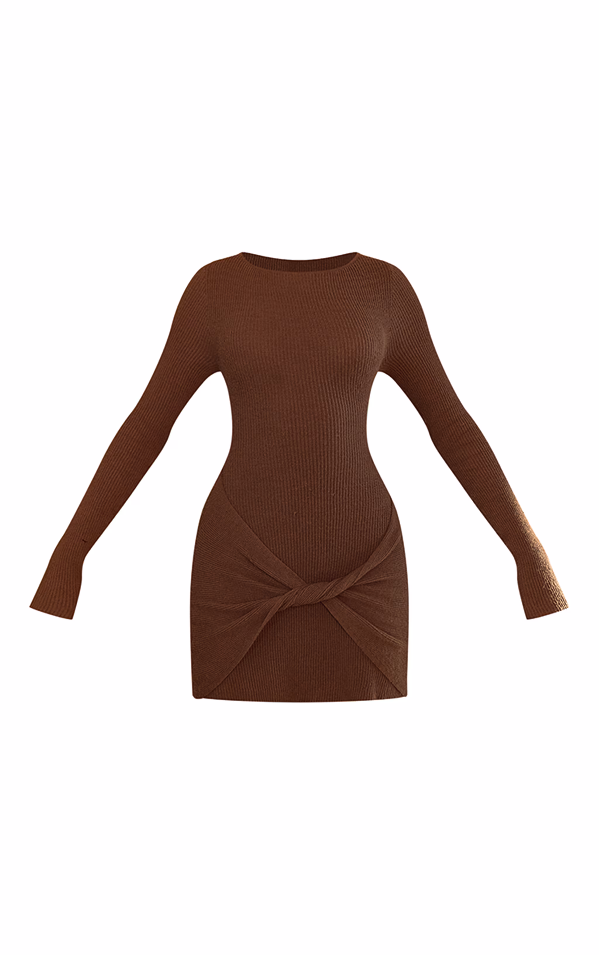 PLT Label Dark Brown Knitted Twisted Panel Long Sleeve Mini Dress