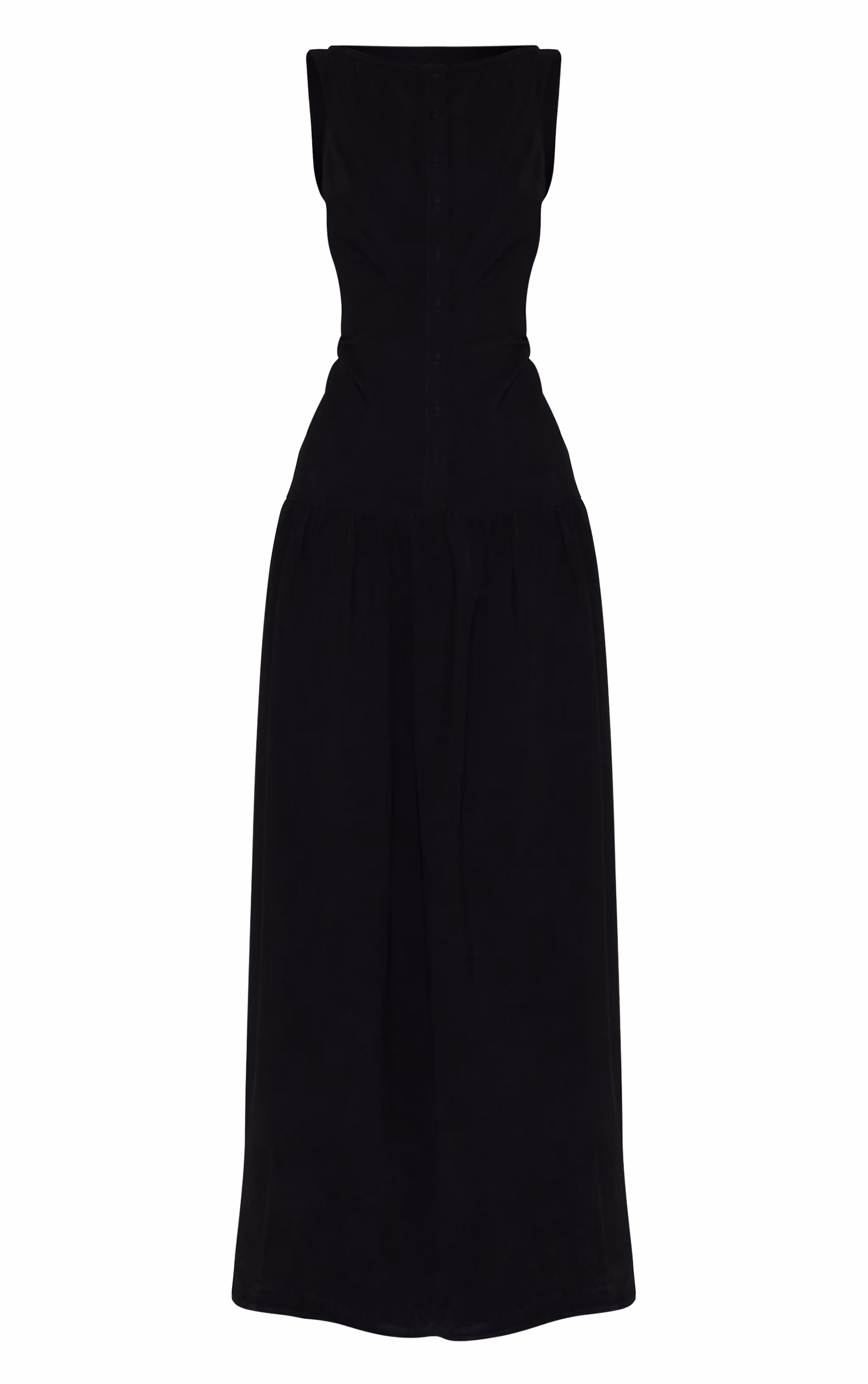Black Woven Button Dropped Waist Maxi Dress