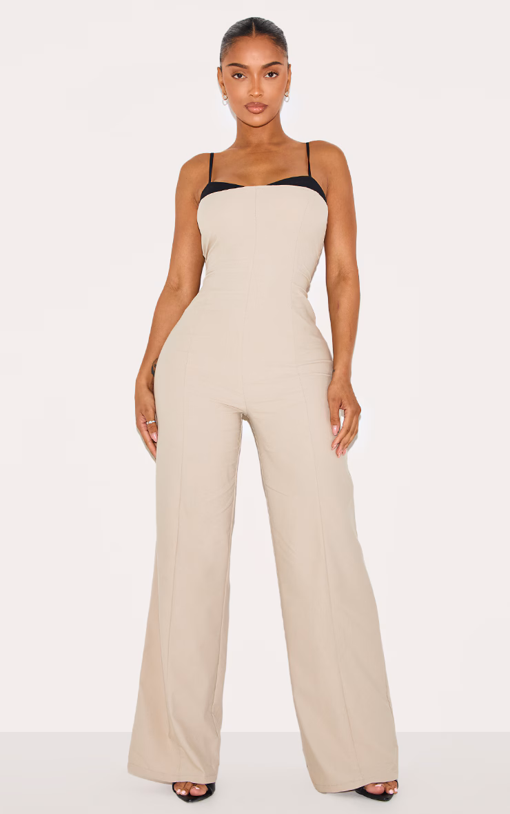 Shape Stone Stretch Woven Contrast Edge Wide Leg Jumpsuit