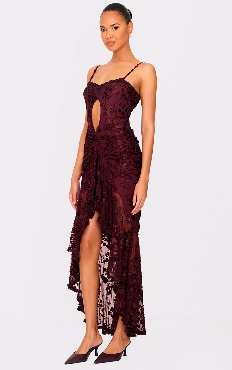 Cherry Red Devore Cut Out Frill Detail Dress