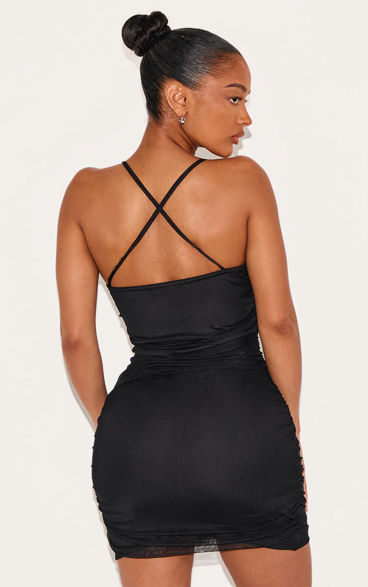 Shape Black Bralet Detail Mesh Cowl Ruched Bodycon Dress