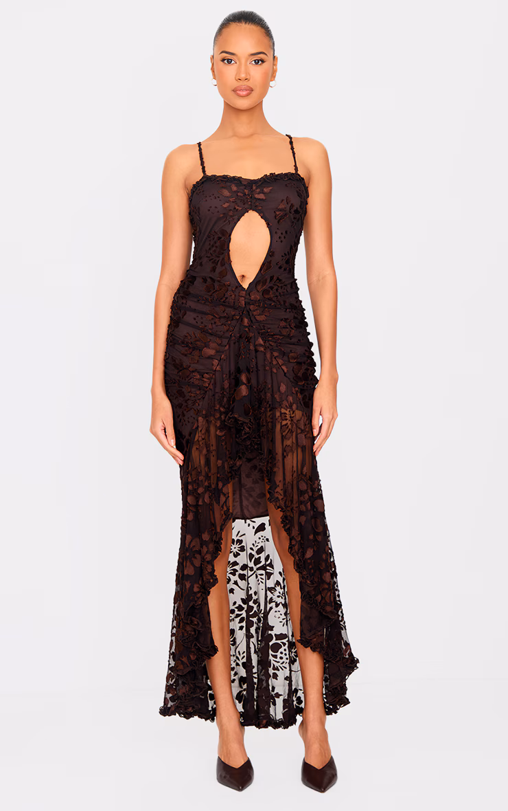 Brown Devore Cut Out Frill Detail Dress