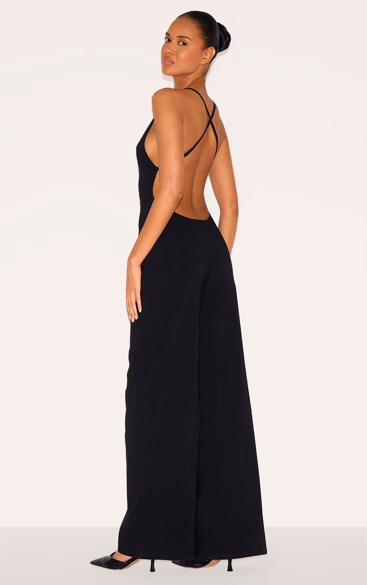 Black Stretch Woven Square Neck Wide Leg Jumpsuit