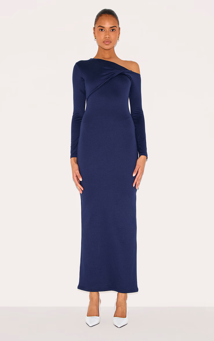 Navy Double Contour Twist Detail Long Sleeve Maxi Dress