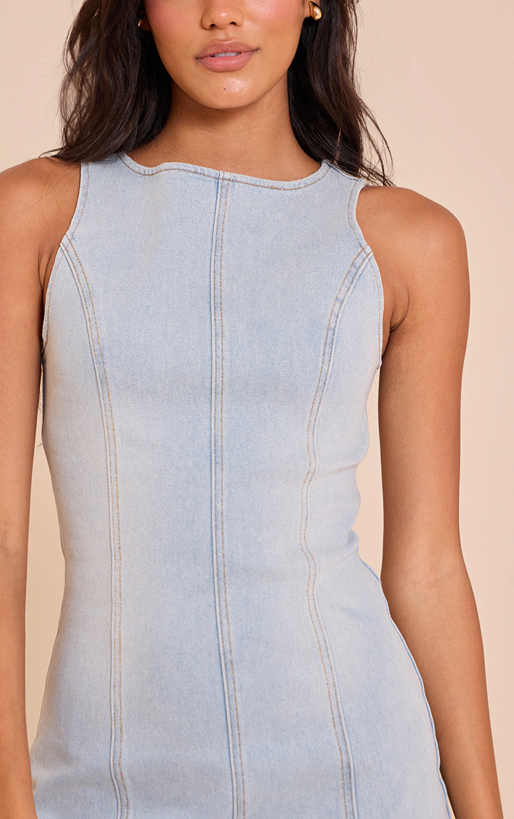 Light Blue Racer Neck Denim Mini Dress