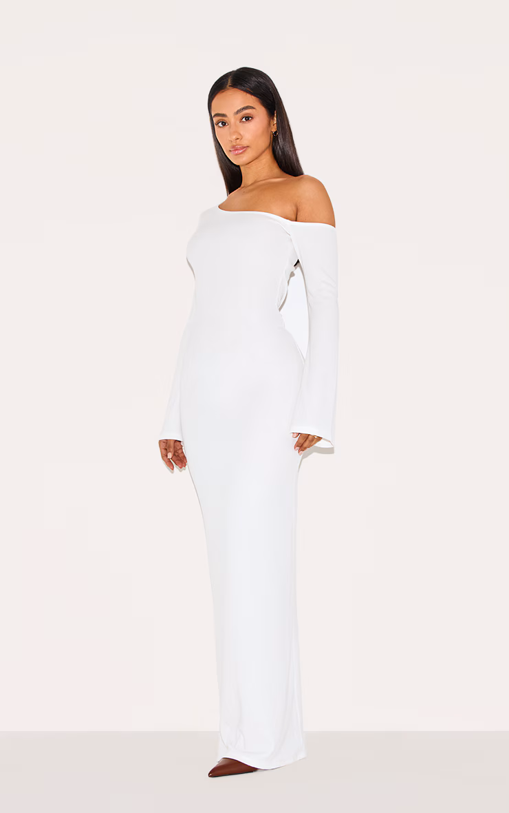 Petite Cream Asymmetric Ribbed Maxi Dress