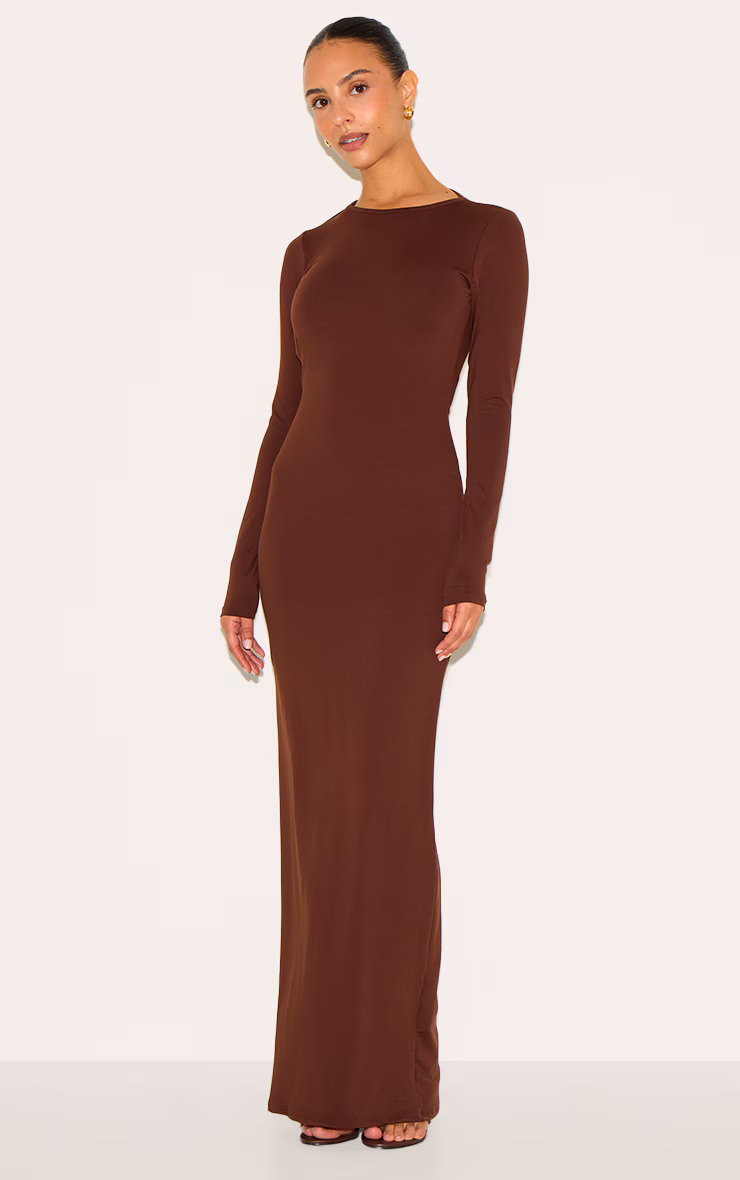Petite Chocolate Slinky Asymmetric Open Back Maxi Dress