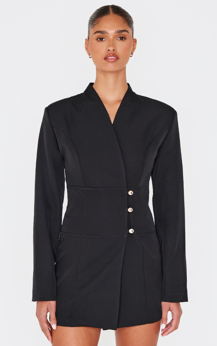 Black Woven Button Detail Blazer Dress