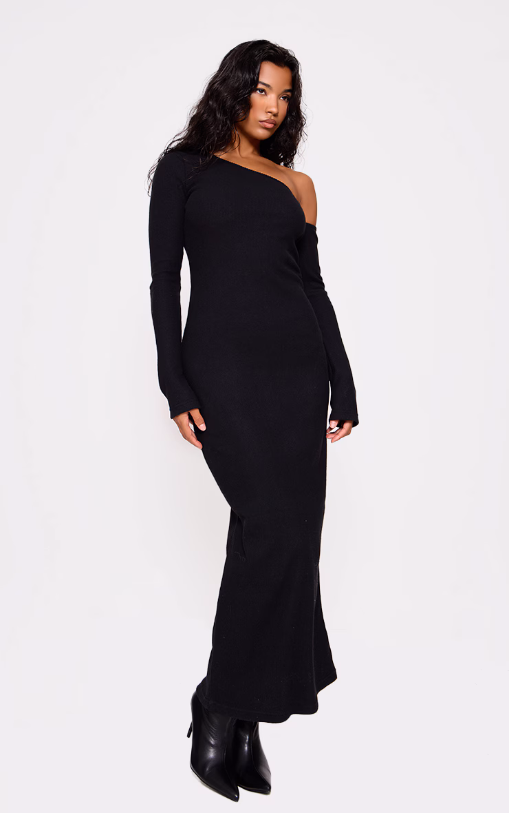 Black Heavy Brushed Asymmetric Ruched Maxi Dress