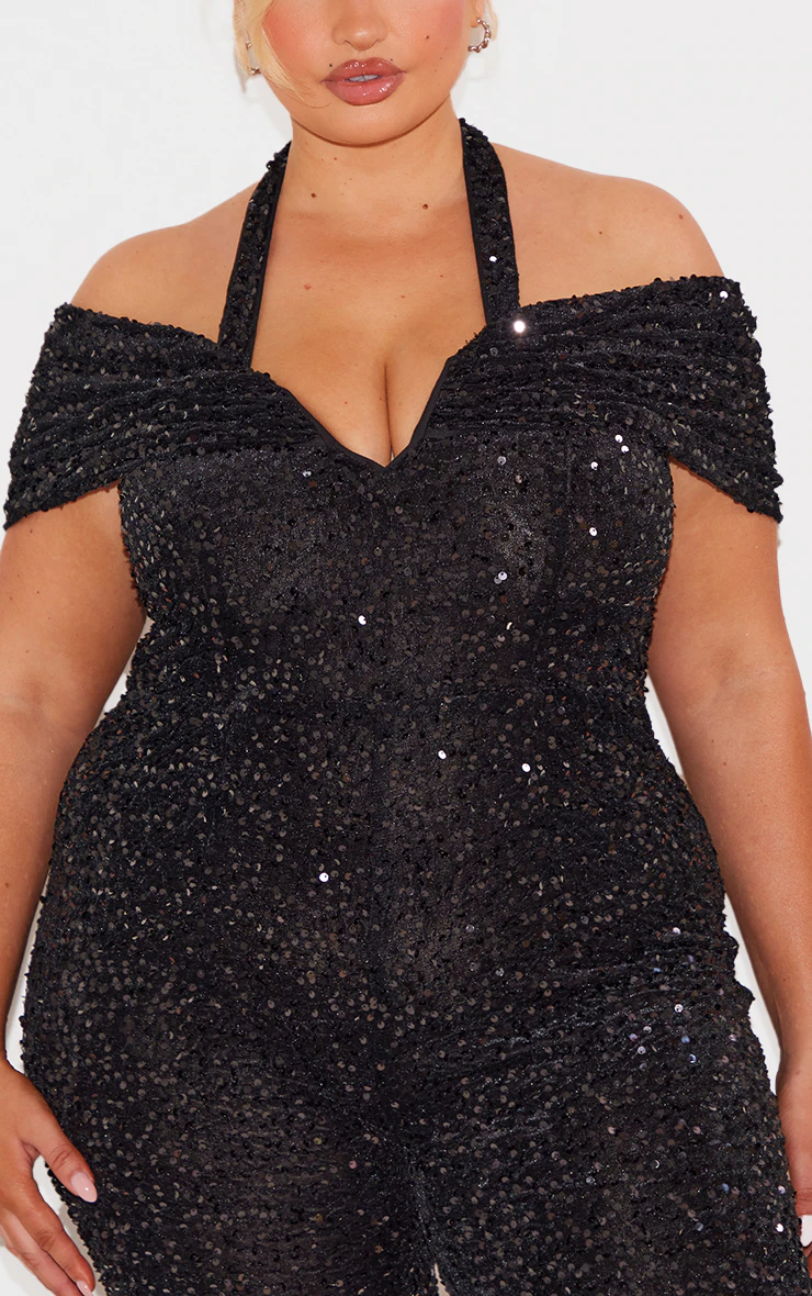 Plus Black Velour Sequined Bardot Halter Neck Strap Jumpsuit