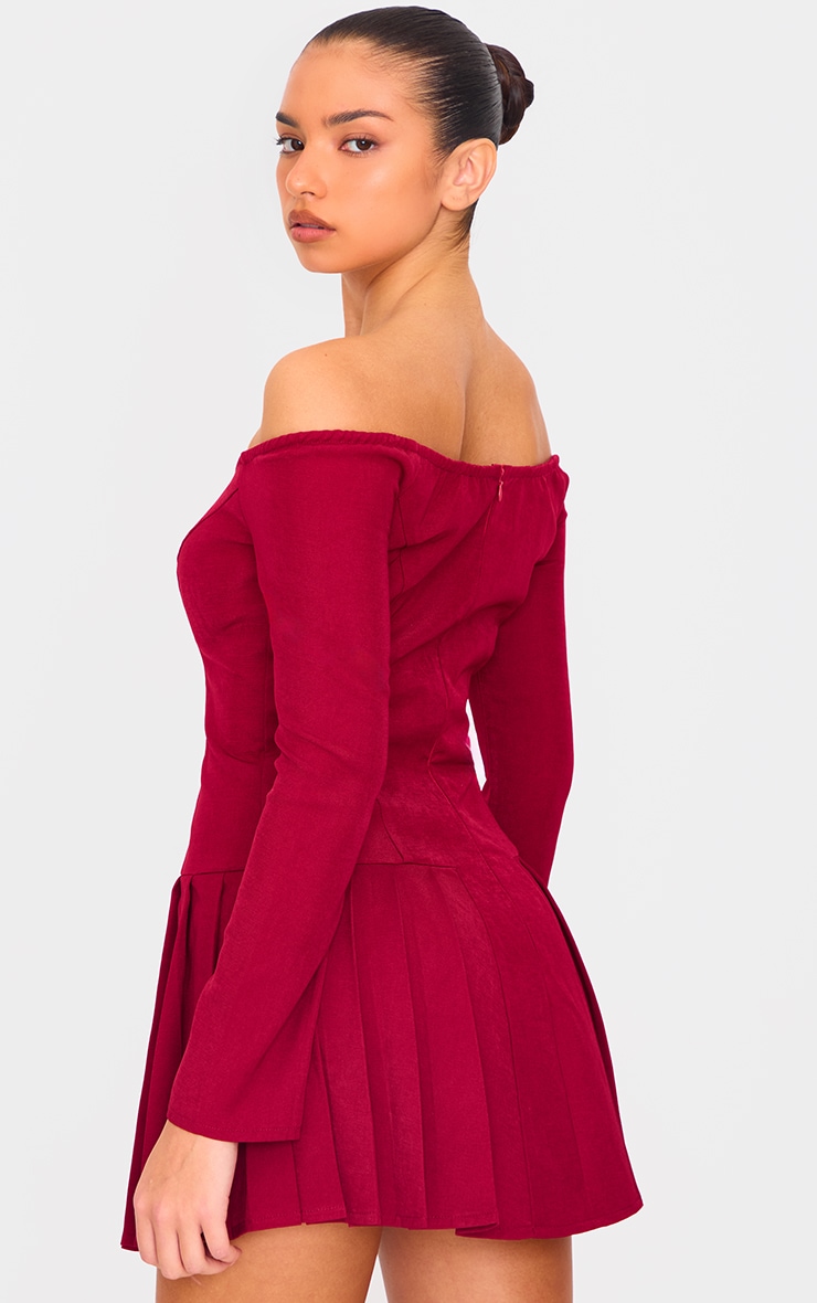 Burgundy Woven Bardot Ling Sleeve Shift Dress