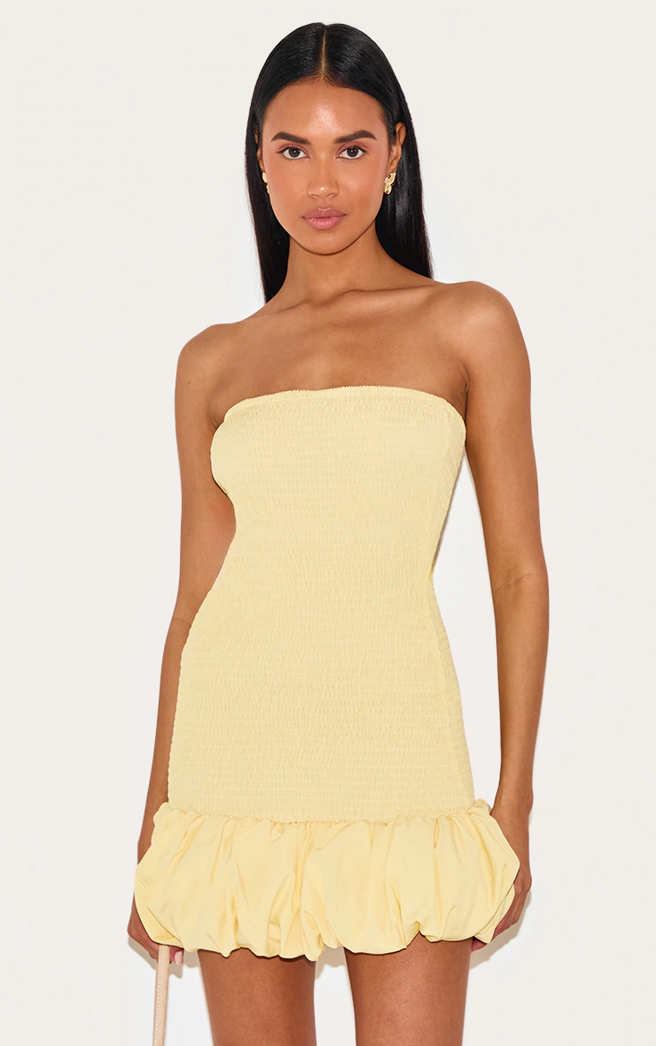 Lemon Shirred Bandeau Bodycon Dress