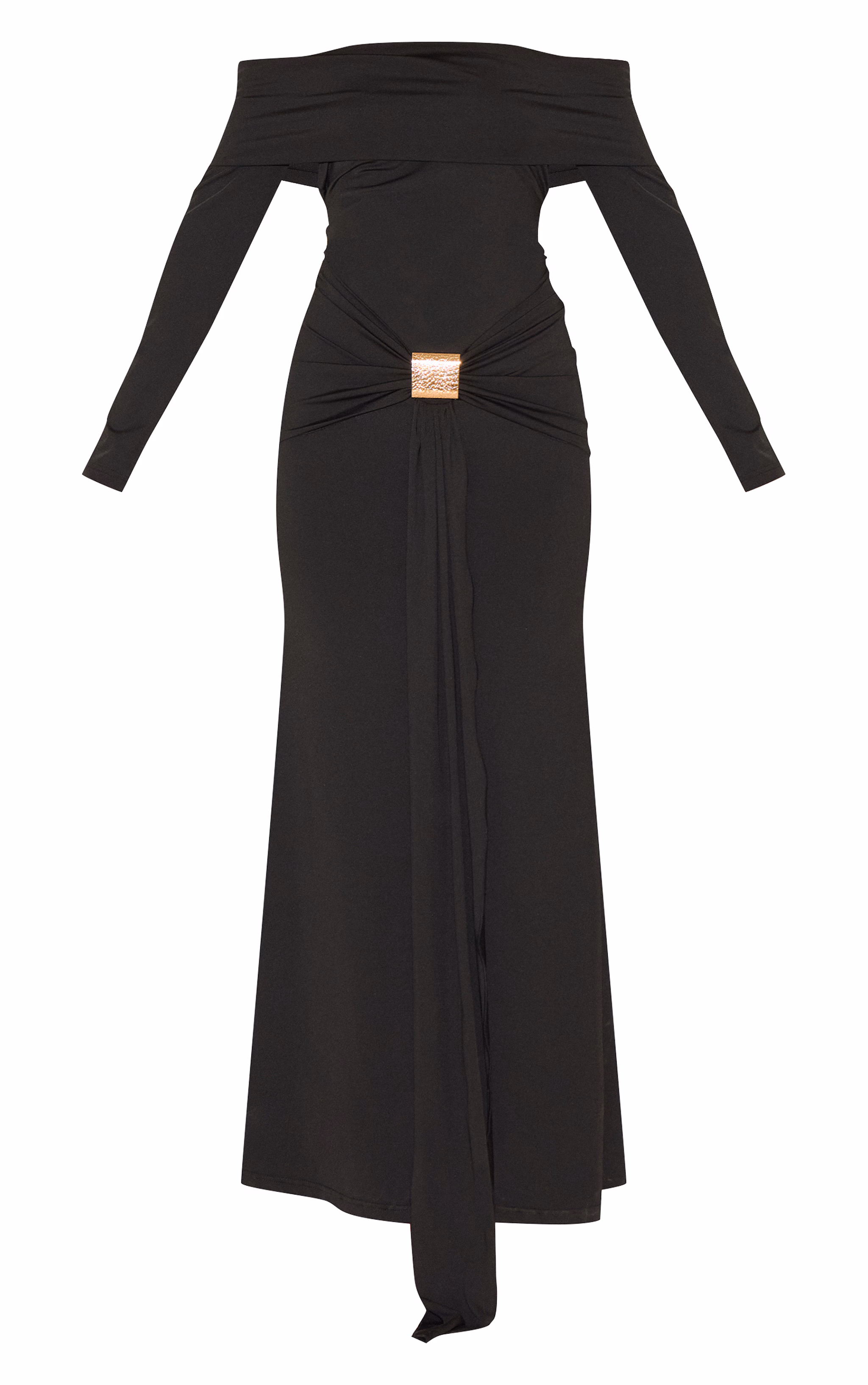 Black Bardot Long Sleeve Trim Drape Detail Maxi Dress