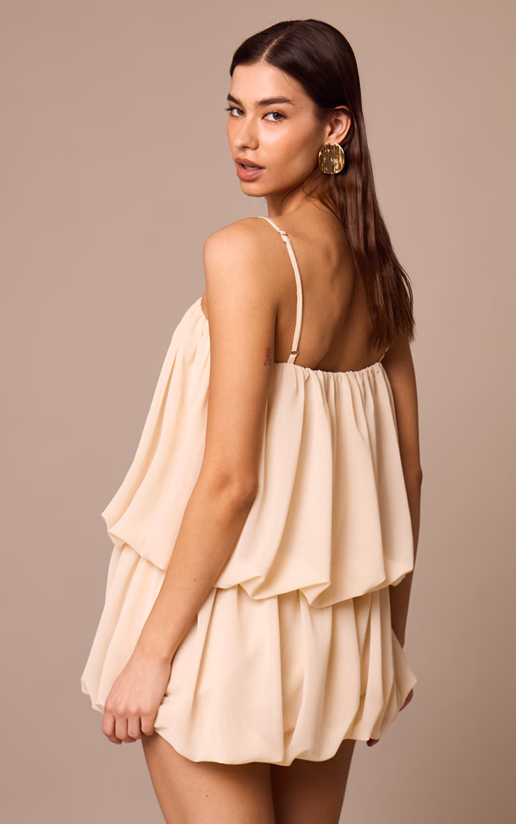 Almond Chiffon Ruched Strappy Puffball Dress