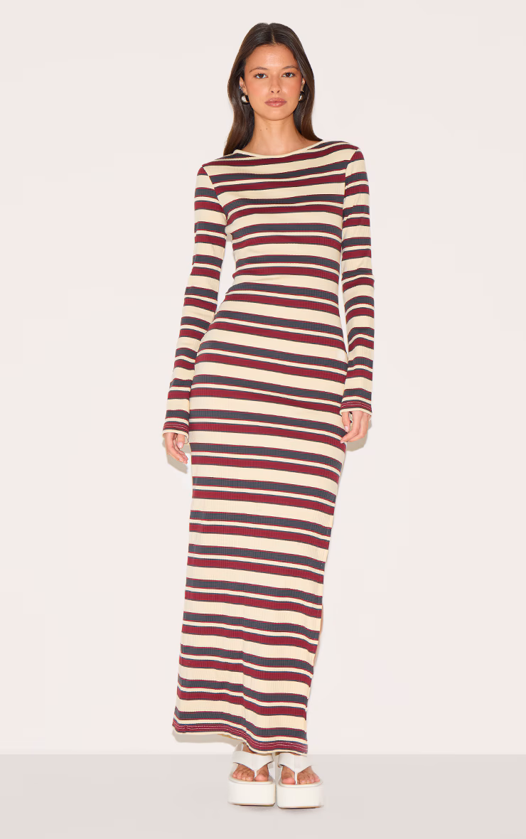Burgundy Striped Boat Neck Long Sleeve Bodycon Dress