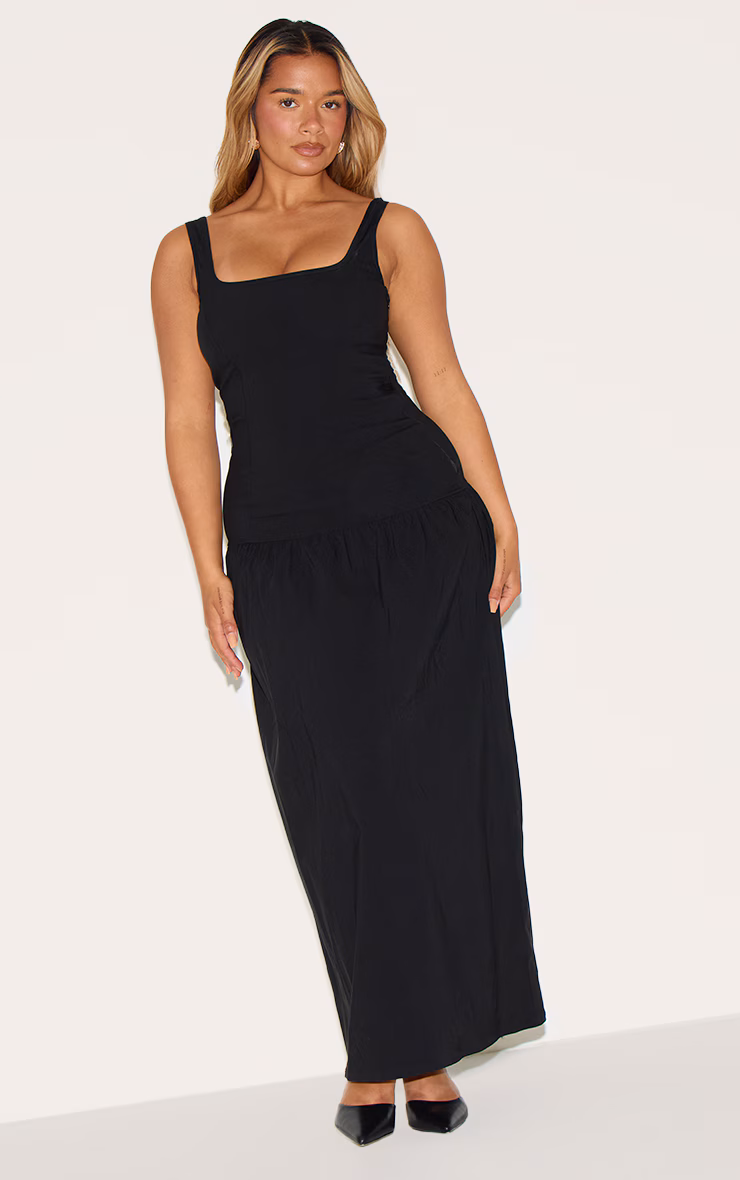 Shape Black Stretch Woven Square Neck Dropped Hem Maxi Shift Dress