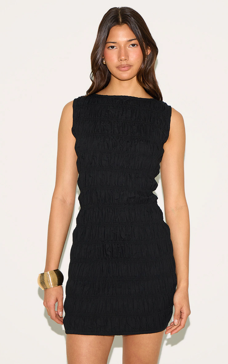 Black Boat Neck Shirred Bodycon Dress