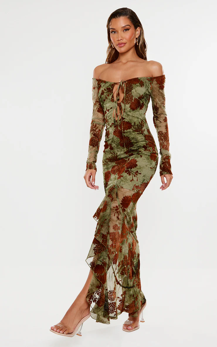 Green Floral Print Devore Off The Shoulder Long Sleeve Maxi Dress