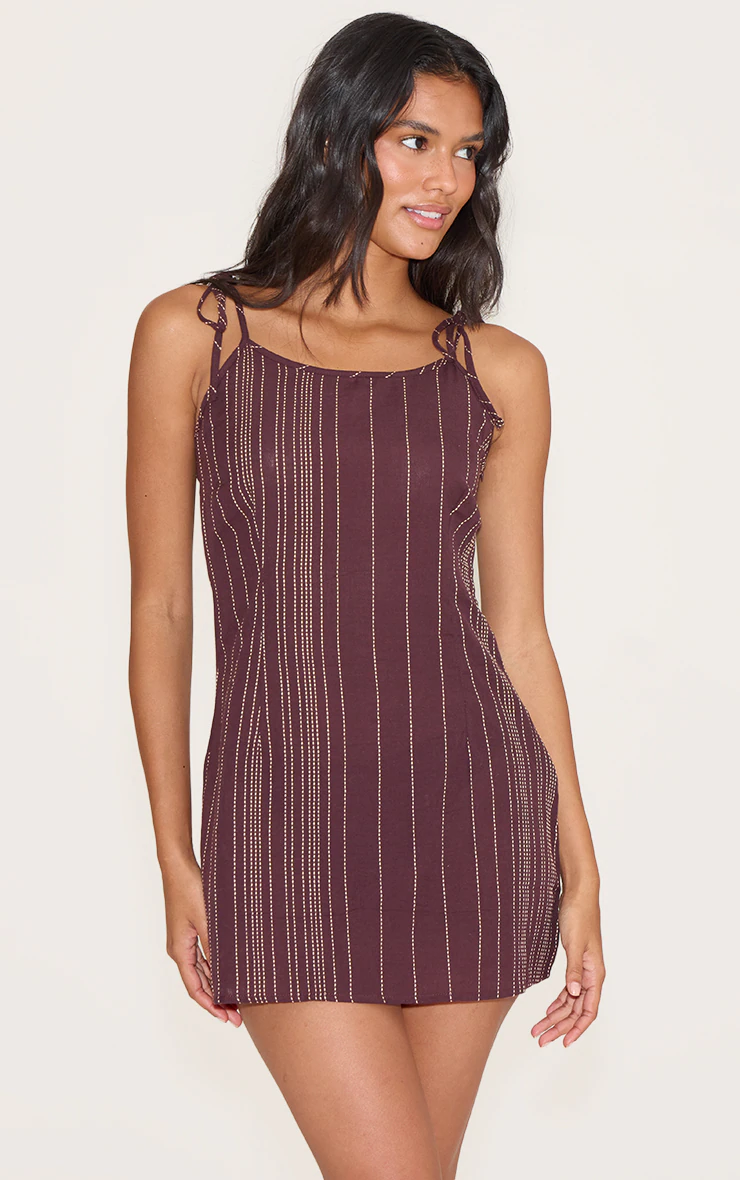 Chocolate Embroidered Pinstripe Detail Shift Dress