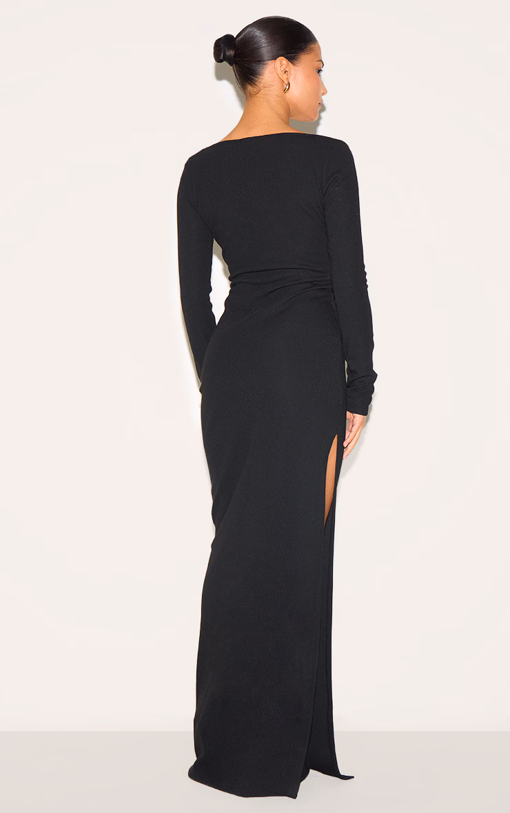 Petite Black Ribbed Long Sleeve Maxi Dress