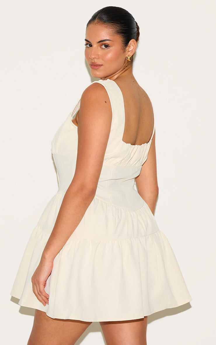Plus Cream Ruched Tiered  Corset Skater Dress