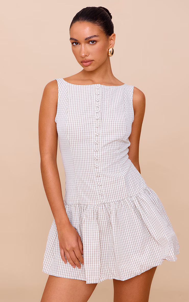 Taupe Checked Scoop Back Button Down Shift Dress