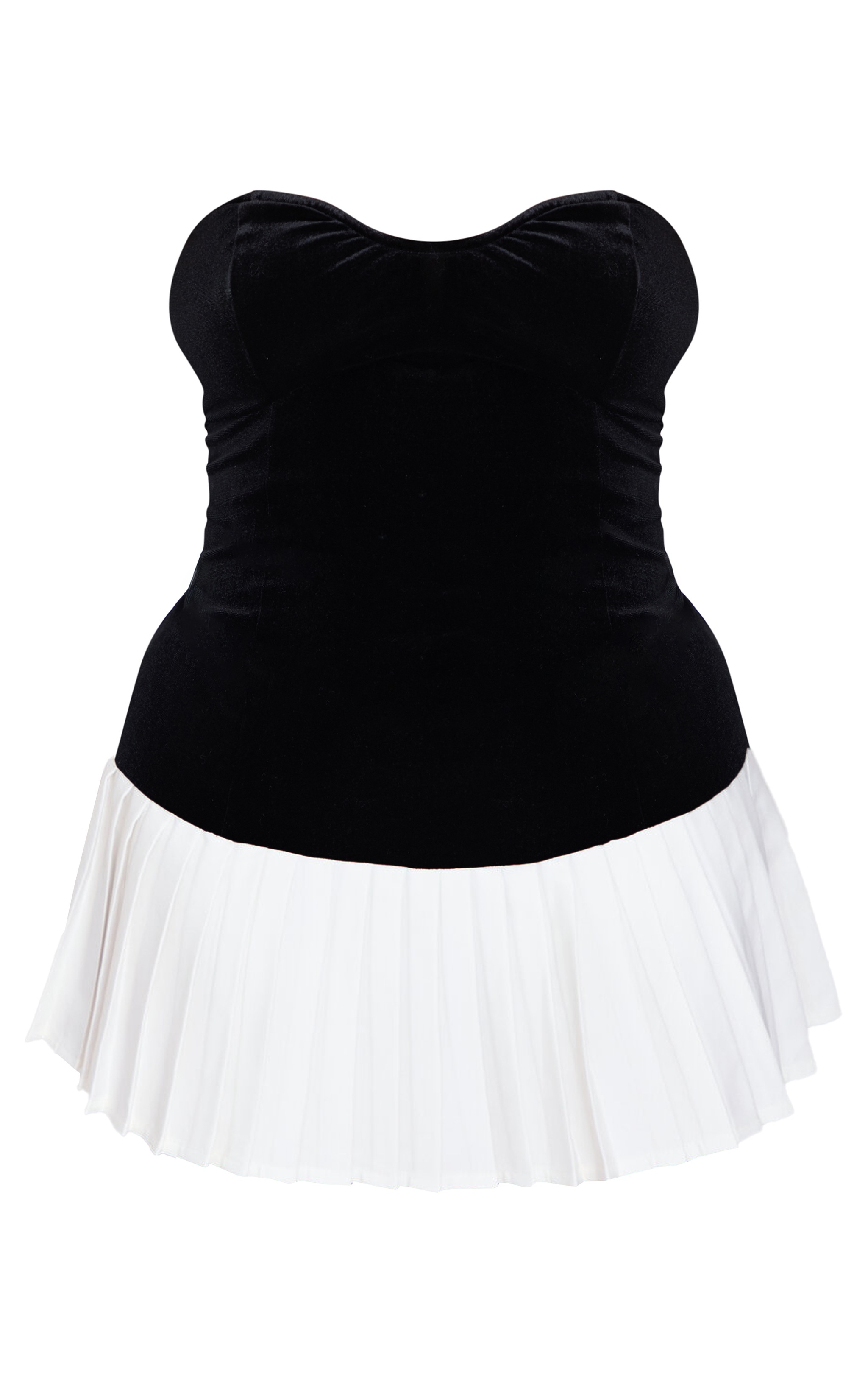 Plus Black Contrast Pleated Velour Bandeau Mini Dress