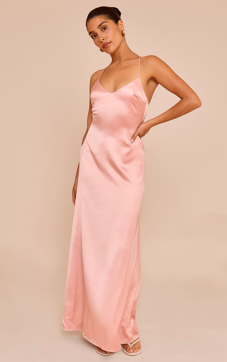 Petite Baby Pink Satin Strappy Open Back Maxi Dress
