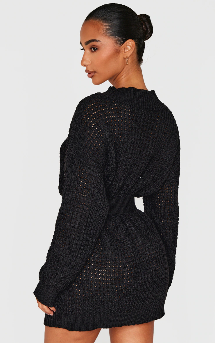 Petite Black Touch Belted Knit Sweater Dress