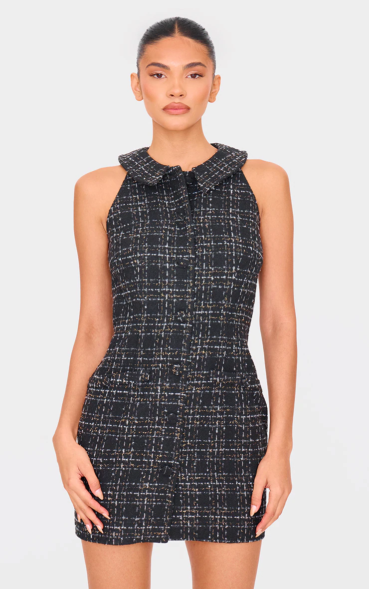 Black Boucle Button Up Mini Dress